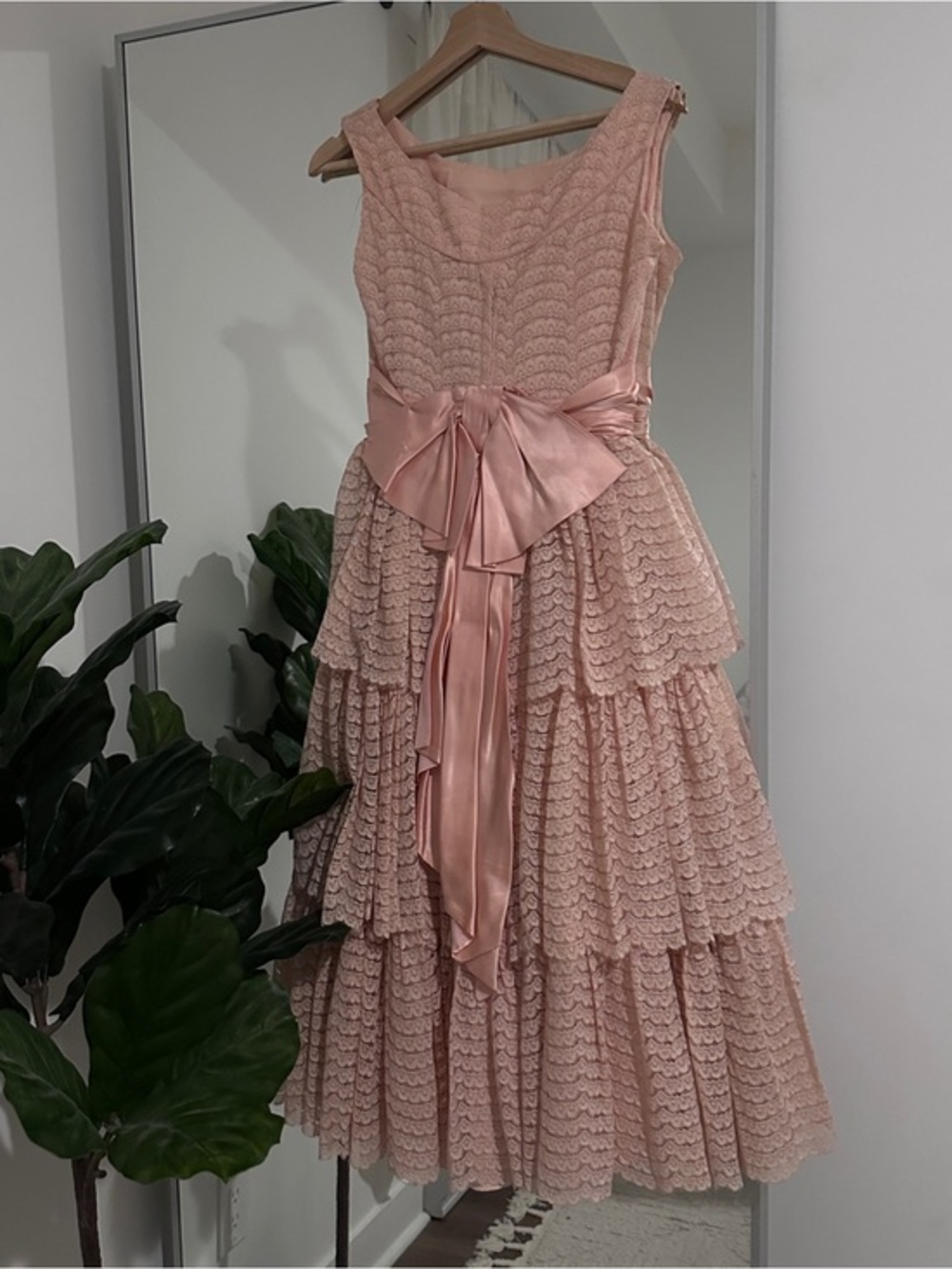 Girls' Pink Tiered Lace Formal Dress with Satin Sash